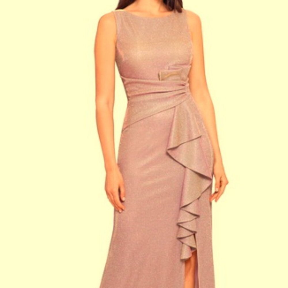 Betsy & Adam Rose Gold Glitter Cascading Ruffle Gown